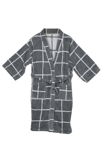 Grey and White Velour Fabric Bathrobe